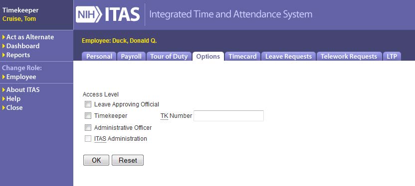 ITAS options screen