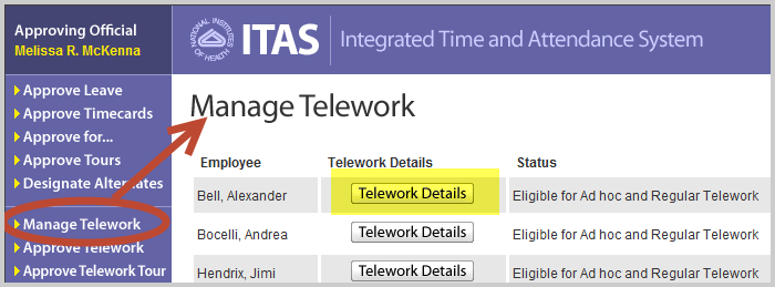 ITAS telwork manage telework screen