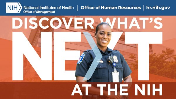Image of Discover What’s Next at the NIH brand with a female NIH police officer.