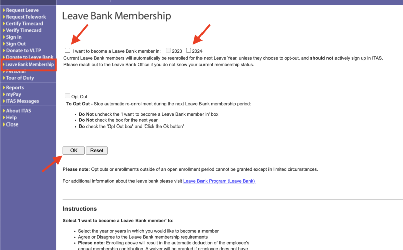 Sample image displaying how to join the NIH Leave Bank in ITAS